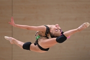 Ksenia Savinova performs a split jump during a control training session