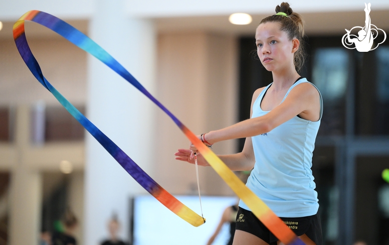 Gymnast from the Khanty-Mansiysk Autonomous Okrug during an exercise with a ribbon