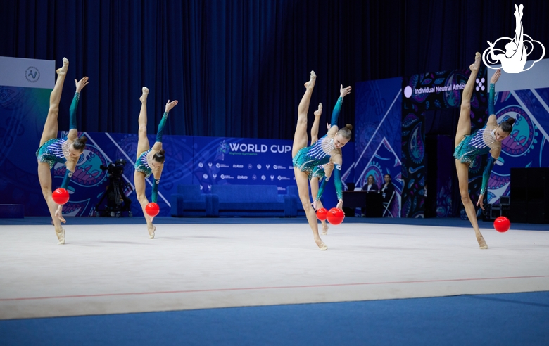 Group gymnasts during an exercise with balls