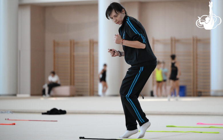 Coach Olesya Kovaleva during practice at the training camp in the Academy
