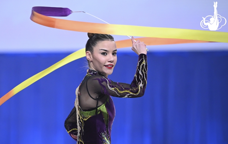 Angela Mazibrada  during an exercise with a ribbon