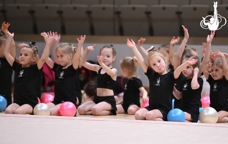 Young gymnasts during rehearsal of the competition opening