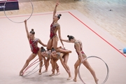 Gymnasts during an exercise with hoops