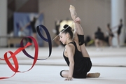 Mariia Borisova during an exercise with a ribbon during preparation training for the BRICS Games