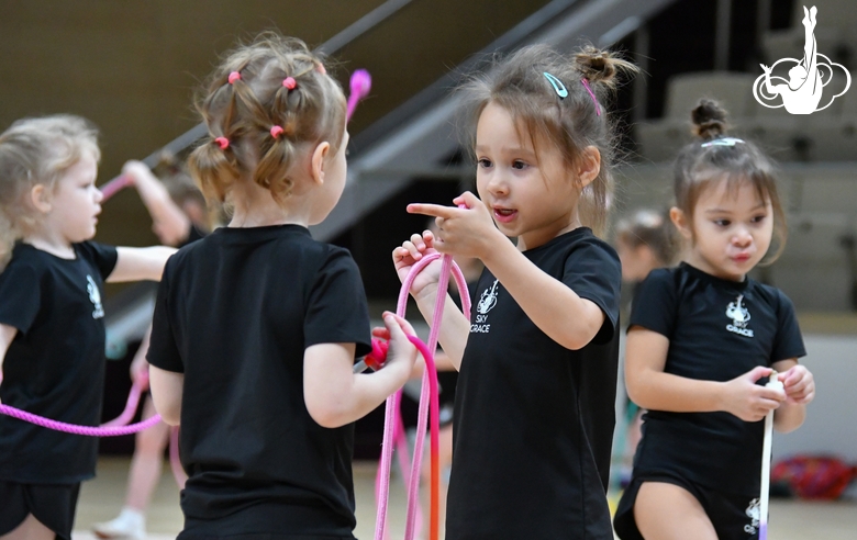 Young gymnasts during training