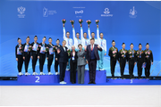 Olympic champion Alina Kabaeva, TV presenter Dmitry Guberniev, and two-time Olympic bronze medalist in basketball Natalia Vodopyanova and coach Elena Petunina with the medalists of the Alina Kabaeva Grand Prix Champions Cup