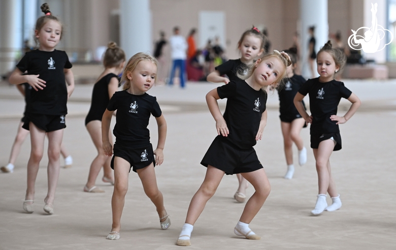 Young gymnasts during training