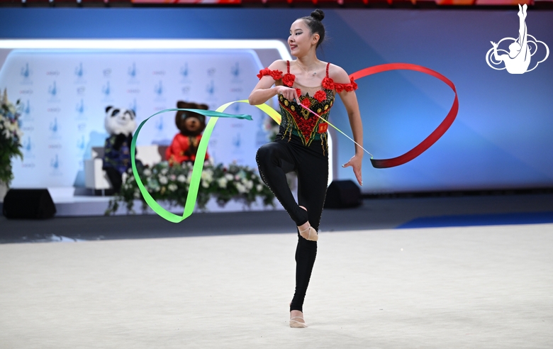 A gymnast during the ribbon exercise