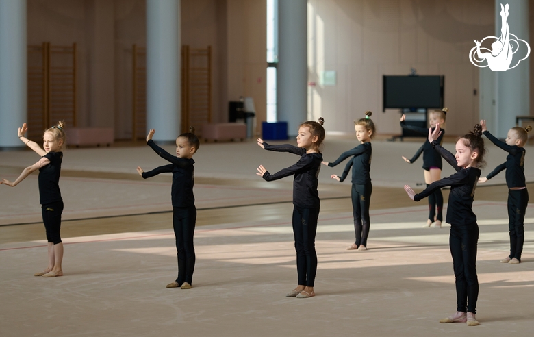 Young gymnasts during training