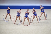 Group exercise gymnasts during the hoops exercise