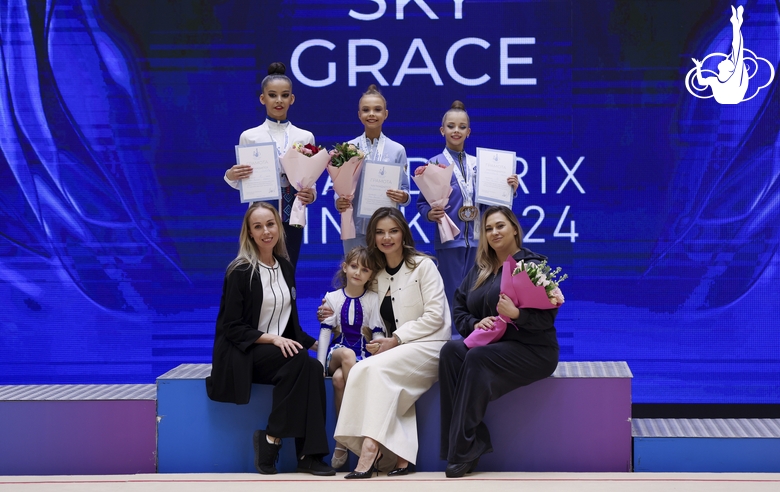 Olympic champion Alina Kabaeva with gymnasts at the  Sky Grace Grand Prix tournament