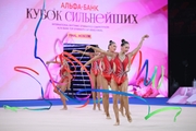 Group team gymnasts from the Ryazan Region during an exercise with ribbons