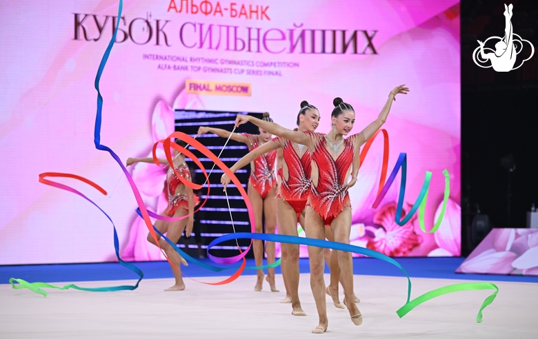 Group team gymnasts from the Ryazan Region during an exercise with ribbons