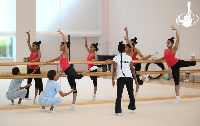 Coach Pooja Surve, gymnasts and Academy choreographer Ekaterina Belova during choreography