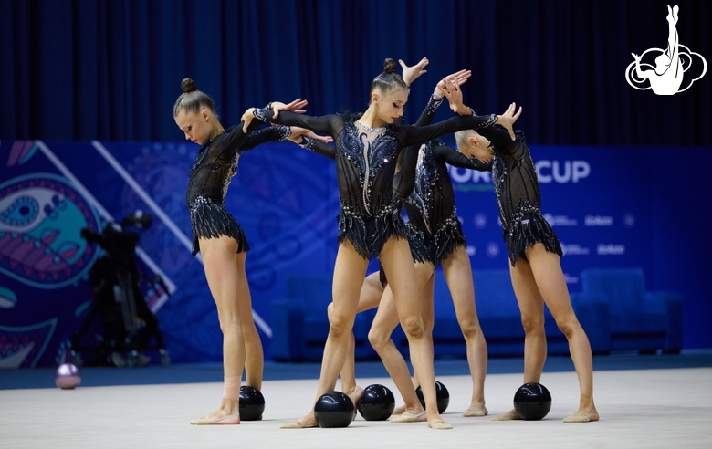 Group gymnasts during an exercise with balls