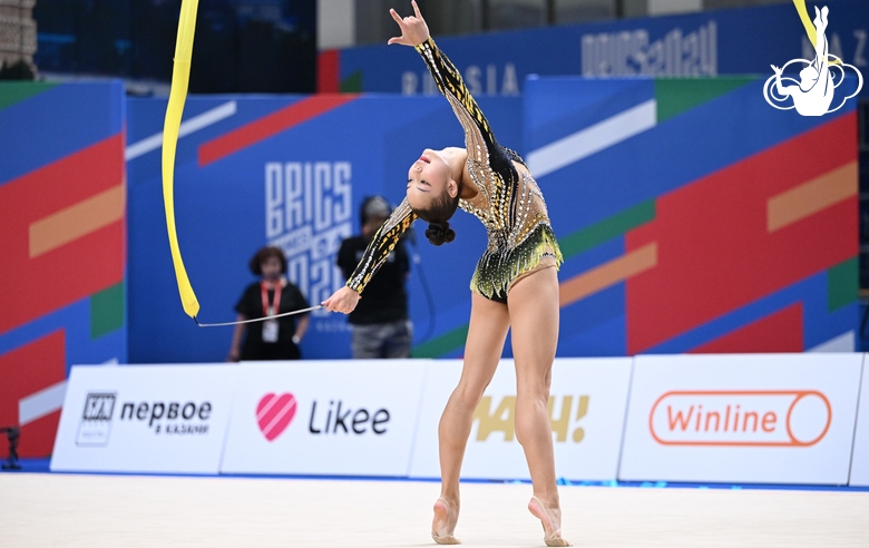 Gymnast during exercise with ribbon