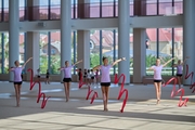 Group team gymnasts during a class with the honored coach of Russia Veronika Shatkova