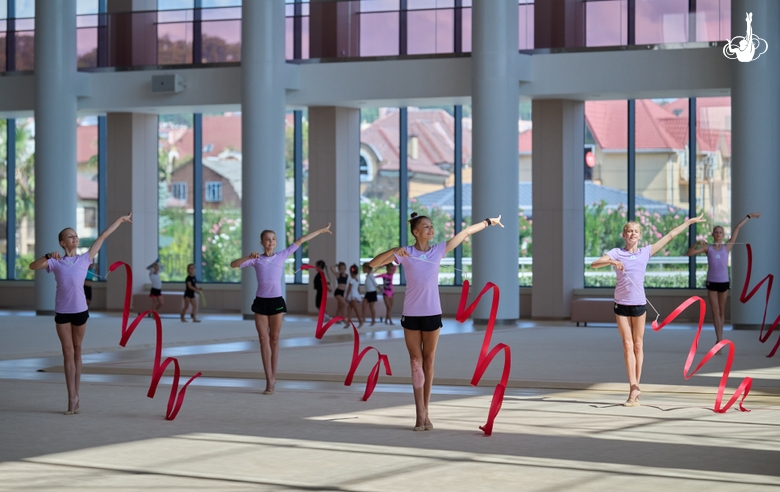 Group team gymnasts during a class with the honored coach of Russia Veronika Shatkova