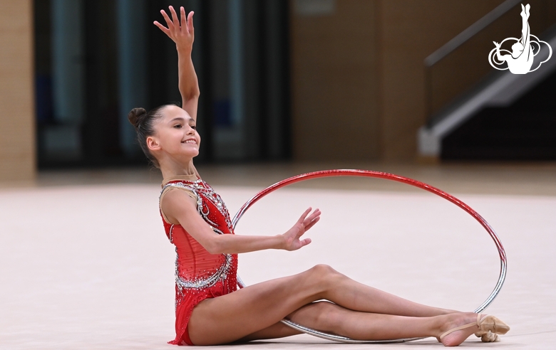 Valeria Medvedeva during an exercise with a hoop at the control training session