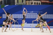 Gymnasts perform exercises with hoops during floor testing before the BRICS Games