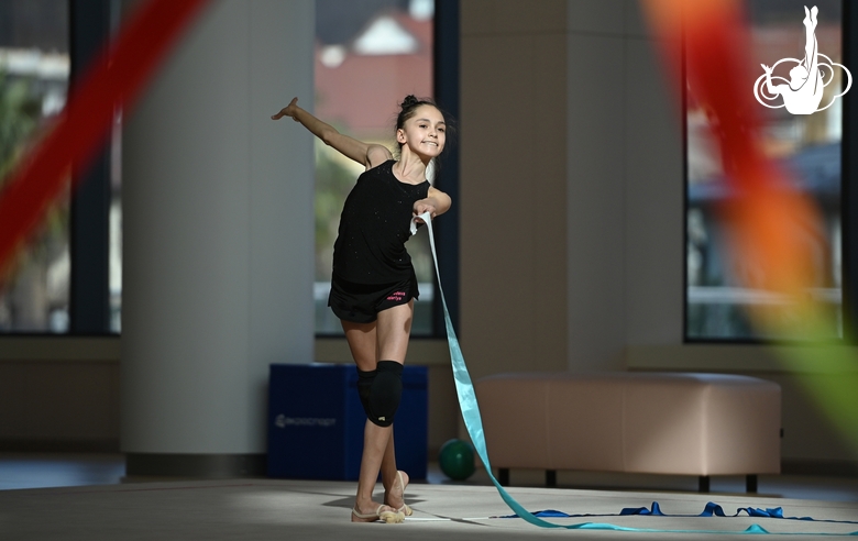 Valeria Medvedeva during an exercise with a ribbon