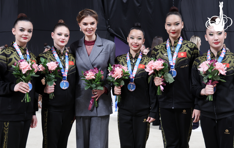 The Olympic champion with team Kyrgyzstan at the international Alina Kabaeva Grand Prix Champions Cup tournament in St. Petersburg