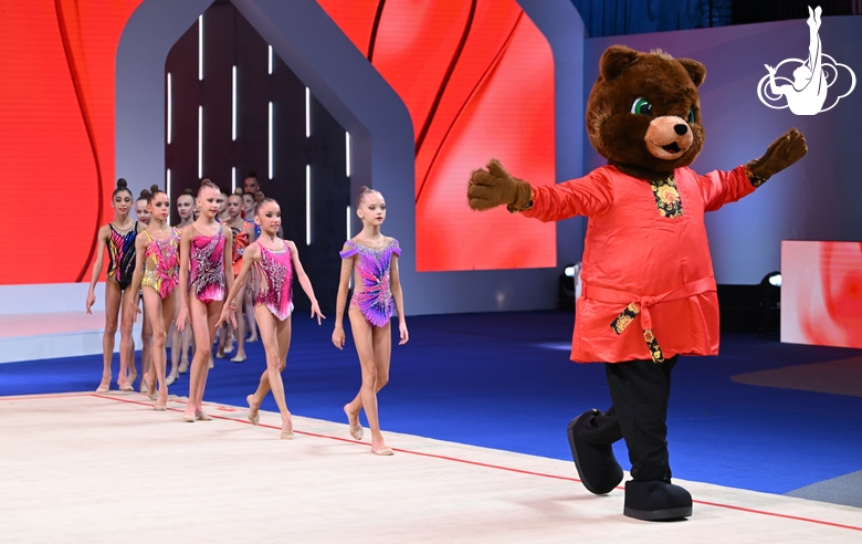 The mascot of the Sky Grace Cup tournament and tournament participants come out to the award ceremony