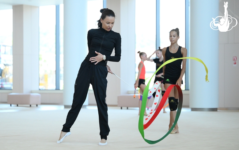 Coach Ulyana Trofimova and gymnast Alexandra Kiryushina during the recovery camp at the Academy