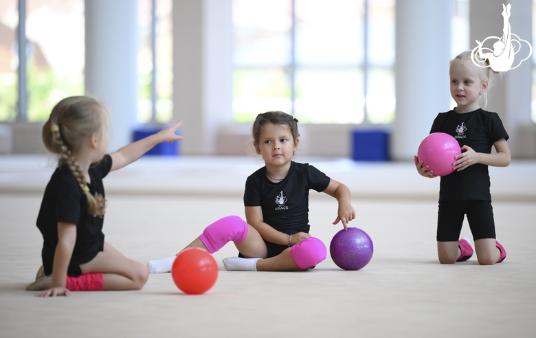 Young gymnasts during training