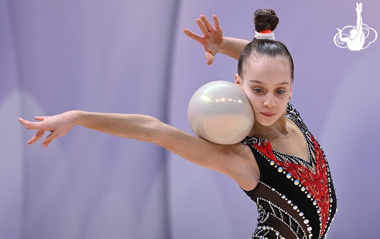 Miroslava Monina during an exercise with a ball at the control training session