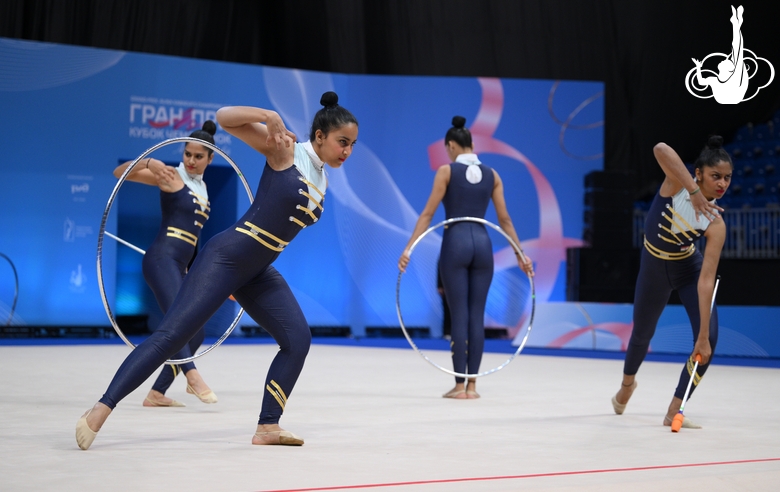 Team India during an exercise with hoops and clubs