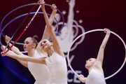 Gymnasts during an exercise with hoops