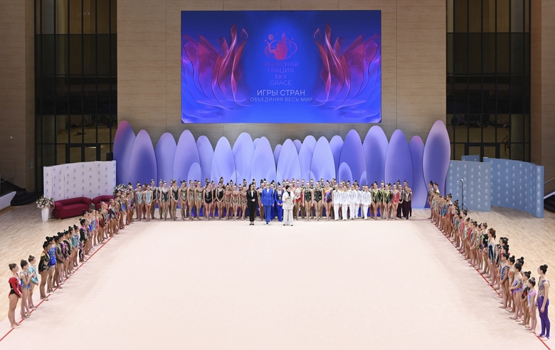 October 2023. Sochi. Olympic champion Alina Kabaeva with Elena Shmeleva and Irina Viner at the opening ceremony of the Games of Countries international tournament