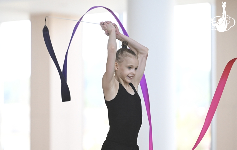 Kristina Voitenko during an exercise with a ribbon during preparation training for the BRICS Games