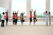 Coach Pooja Surve, gymnasts and Academy choreographer Ekaterina Belova during choreography