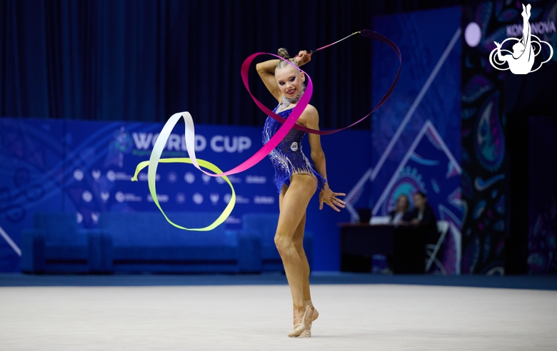 Eva Kononova during an exercise with ribbon