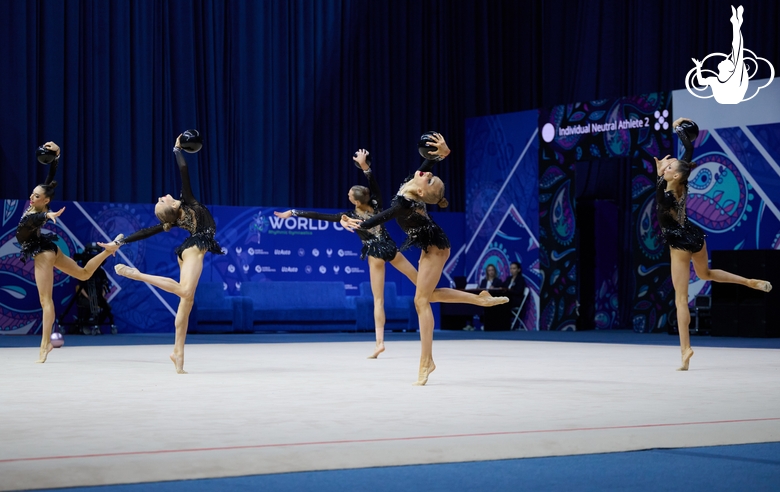 Group gymnasts during an exercise with balls