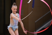 Kristina Voitenko during an exercise with a ribbon at a control training session