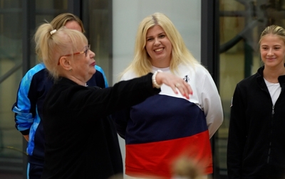 Olympic champion Alina Kabaeva speaks with Russia’s Honored Coach Veronika Shatkova