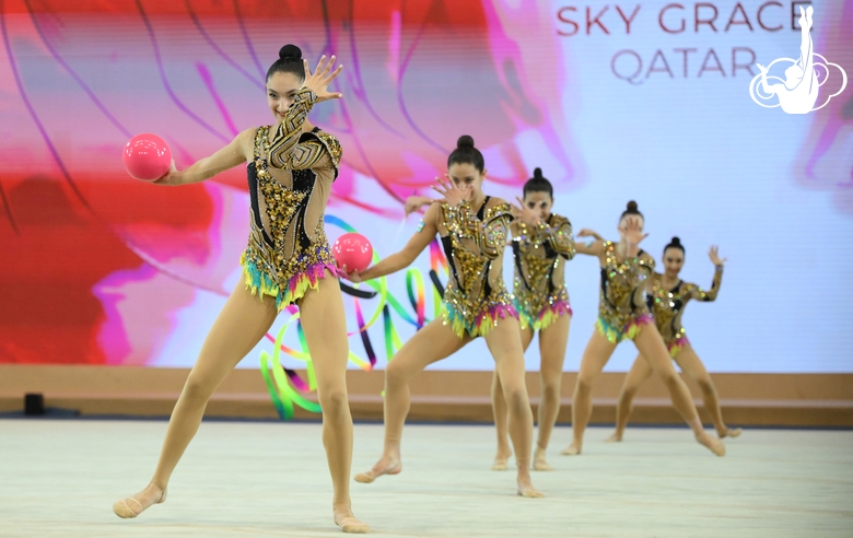 The group exercise gymnasts from Uzbekistan during the balls and ribbons exercise