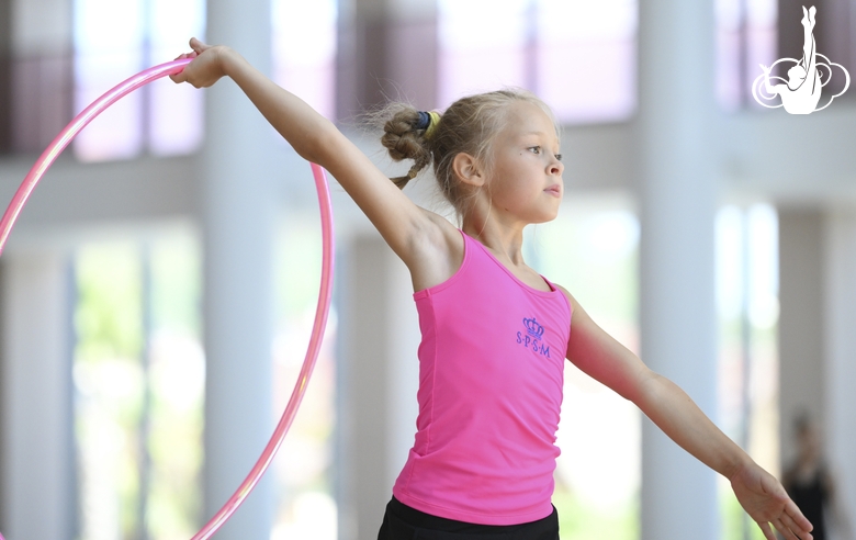 A gymnast during the hoop exercise