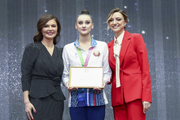 Alina Kabaeva, winner of the Elegance Prize Alina Harnasko (Russia) and Evgenia Kanaeva (left to right)