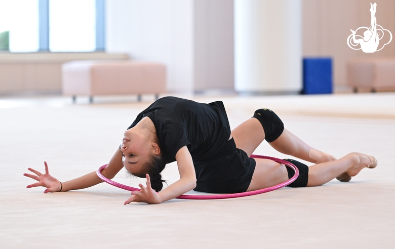 Mariia Borisova during an exercise with a hoop during preparation training for the BRICS Games