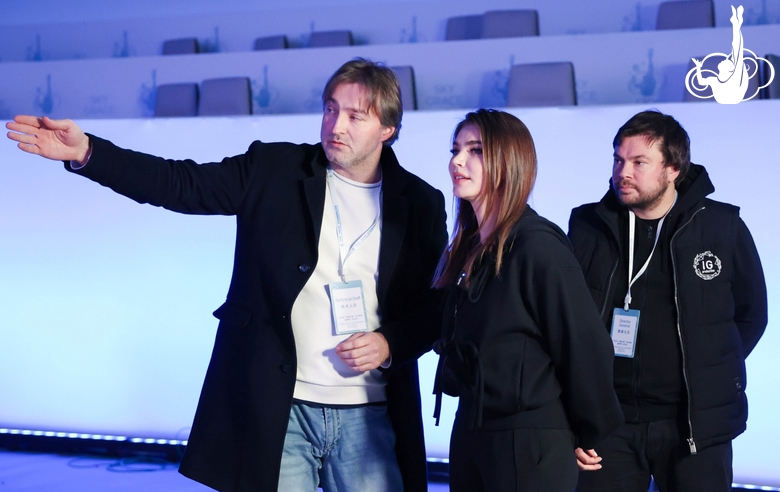 Olympic champion Alina Kabaeva, Eldar Sayfutdinov and Georgy Nechuneev at the Olympic Arena of Beijing University of Technology ahead of the start of the third international Sky Grace-2023 tournament.