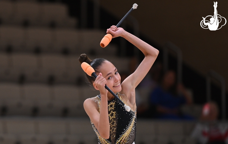 Valeria Medvedeva during an exercise with clubs