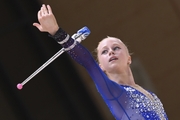 Olga Chernykh during an exercise with clubs at the control training session