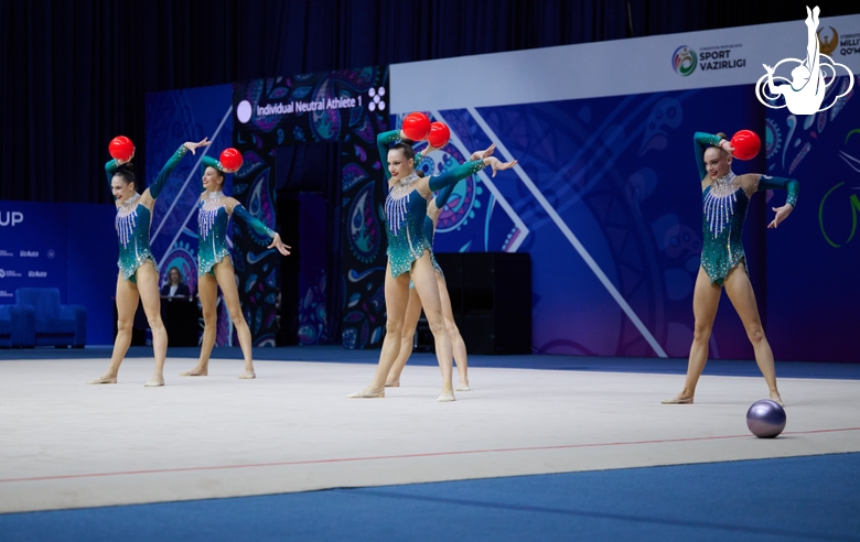 Group gymnasts during an exercise with balls