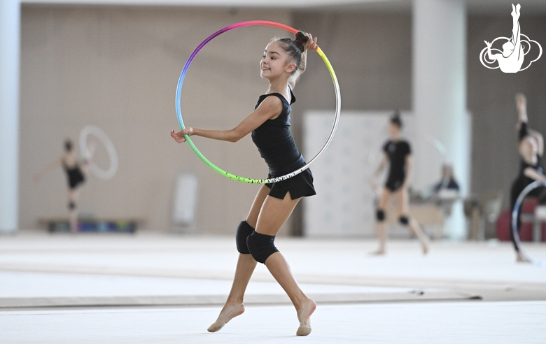 Ksenia Savinova during an exercise with a hoop during preparation training for the BRICS Games