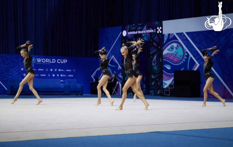 Group gymnasts during an exercise with balls