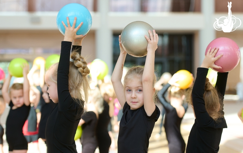 Young gymnasts during training